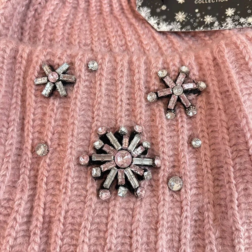 New Victoria's Secret Hat Snowflake Sparkle Pom Jewels Beanie Blush Pink NWT